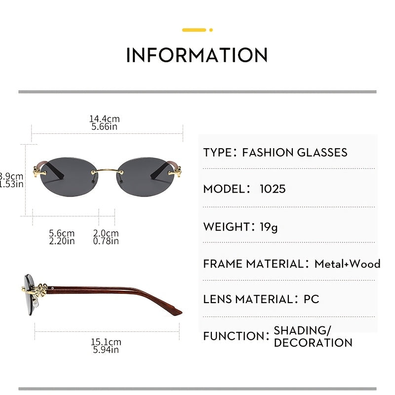 2 Pcs Rimless Oval Sunglasses For Women Uv400 Protective Gradient Lens Eyewear Delicate Flower Metal Decor Wooden Texture Temple Suitable For Beach Travel Party And Daily Fashion Matching.