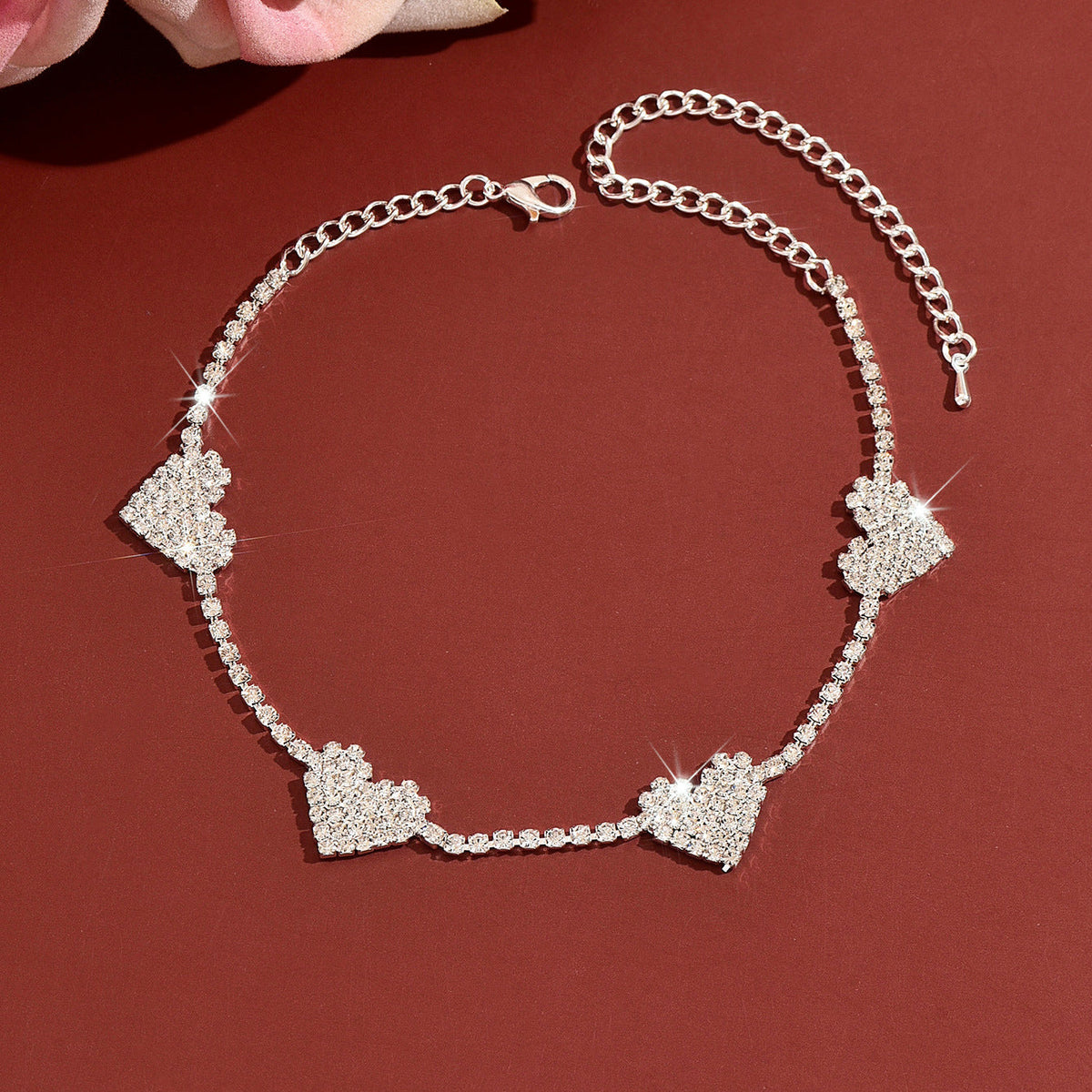 Women Four Heart Full Paved CZ Choker Necklace, Rhodium Plated Short Collarbone Party Jewelry