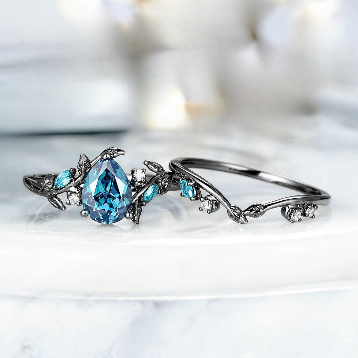 Sanjie European And American Ring Wholesale Blue Topaz Natural Ring Cross-border Fashion Inlaid Water Drop Diamond Jewelry