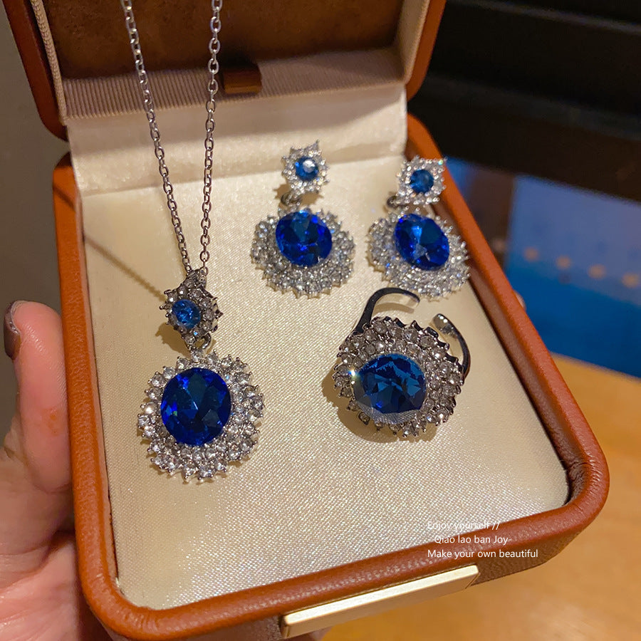 European And American Diamond-encrusted Oval Necklace Fashion Light Luxury Exquisite Earrings High-end Ring Commuter All-match Jewelry Suit Women