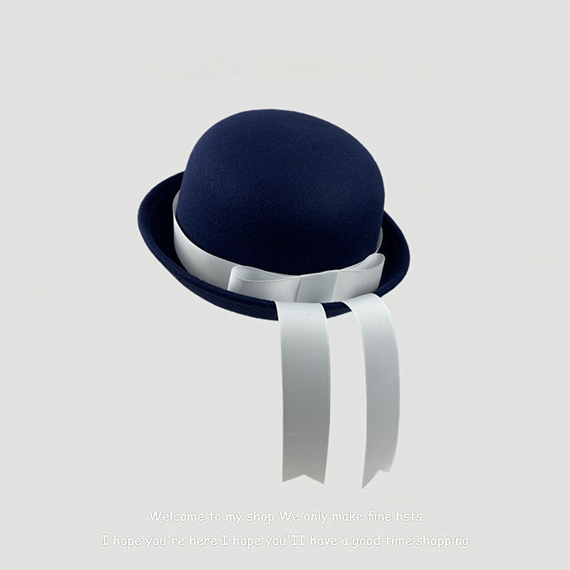 Woolen Preppy-style Hat With A Bow And Ribbon