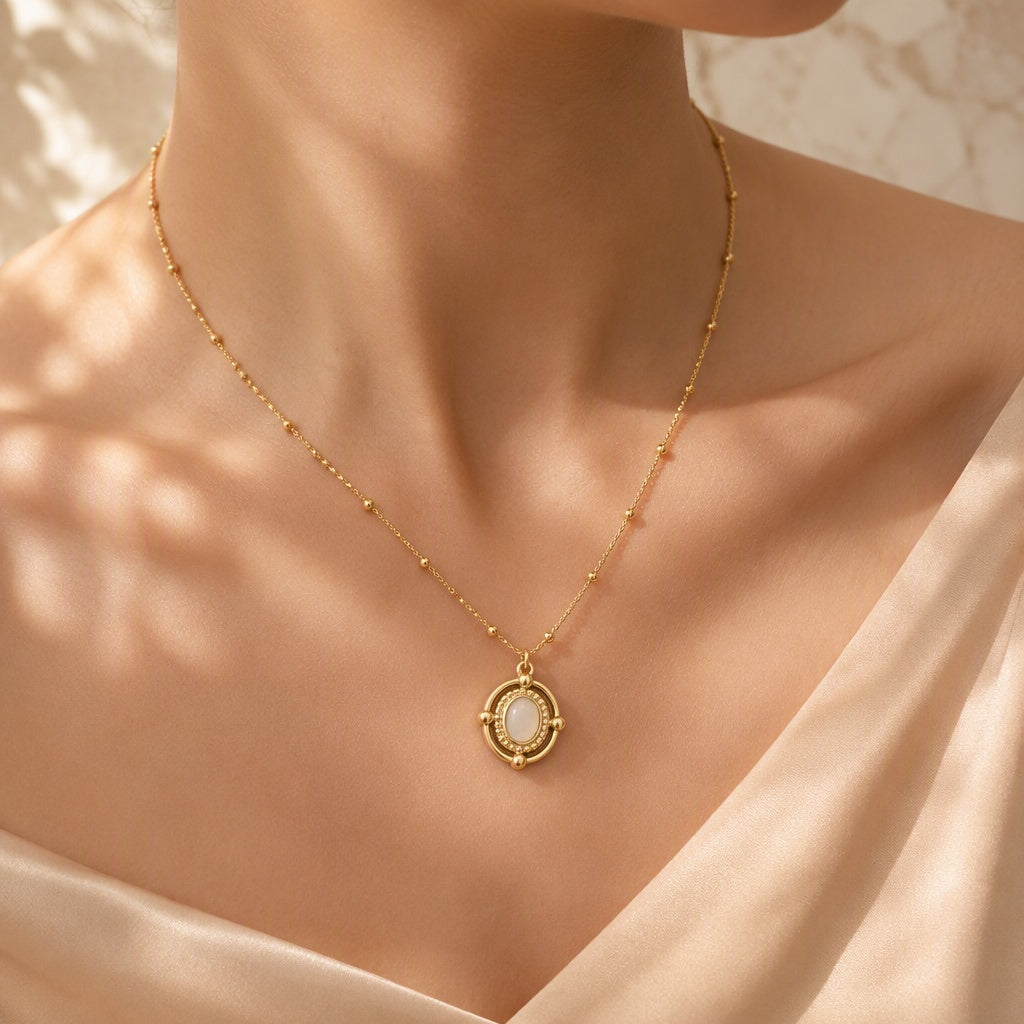 Gold Plated Stainless Steel Vintage Oval Gemstone Pendant Necklace For Women, Beaded Ball Chain Multi-color Stone Boho Statement Necklace Jewelry Gift