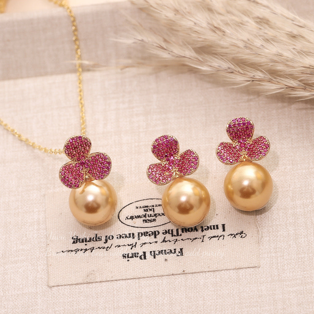 Fashionable And Exquisite Zircon Flower Pearl Earrings French High-End Design Necklace Light Luxury Temperament Internet Celebrity Set For Women