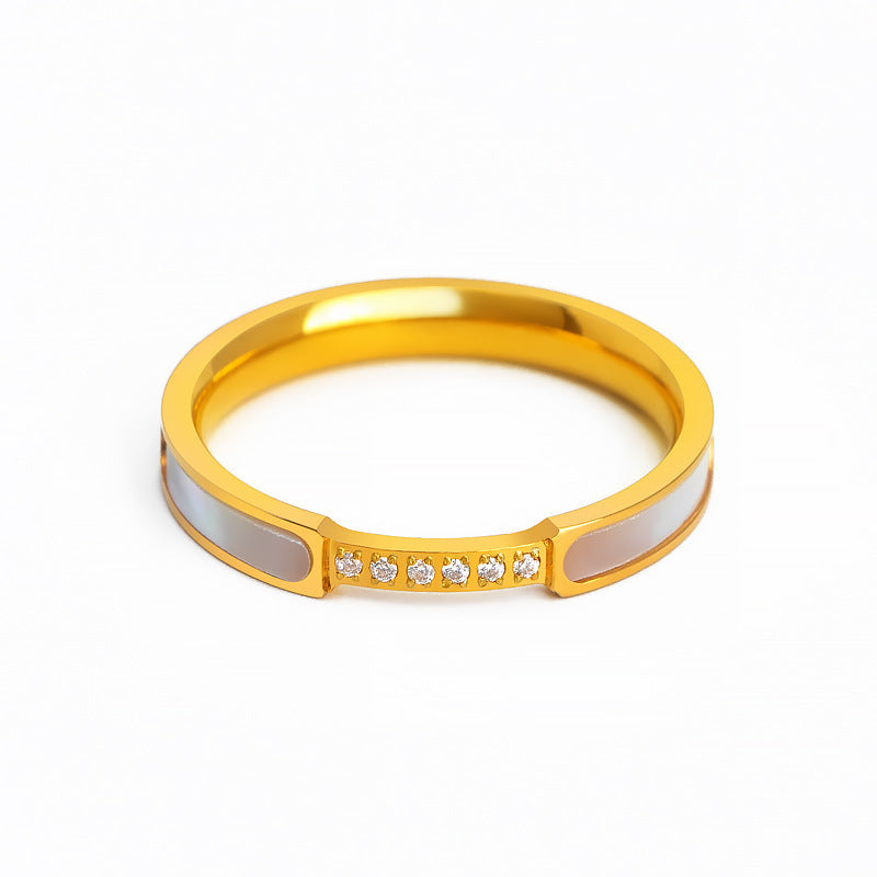 High-End Luxury Diamond-Encrusted White Mother-Of-Pearl Titanium Steel Ring For Women, Fashionable And Versatile, With Six Diamonds, White Mother-Of-Pearl, Non-Fading Ring
