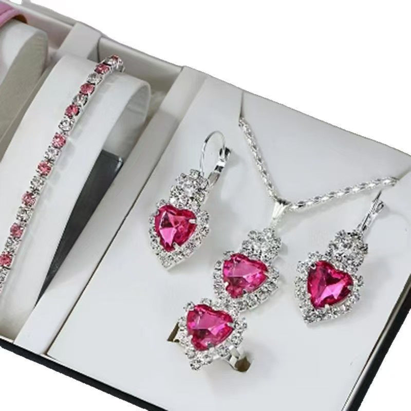 Elegant Diamond-studded Zircon Necklace Earring And Ring Set