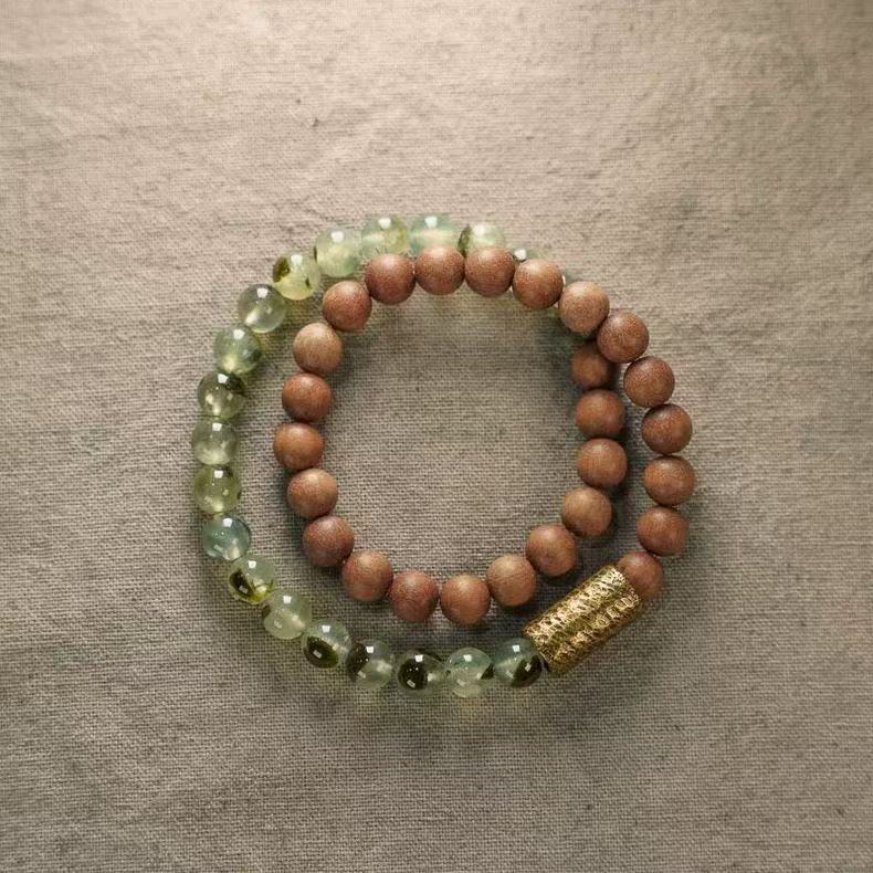Natural Prehnite  Sandalwood Bracelet Brass Bead Round Chain Zen Energy Jewelry For Women