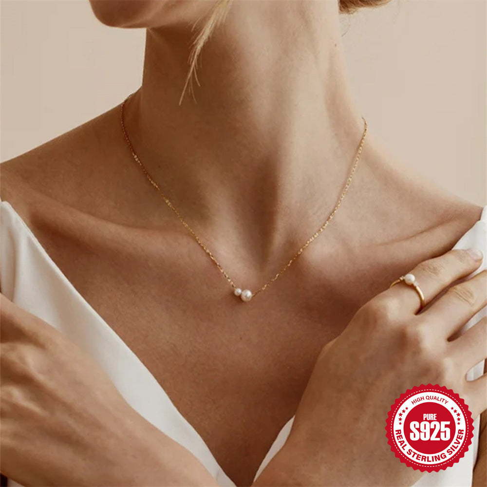 S925 Sterling Silver Necklace With 2 Pearls Adjustable Sliding Design