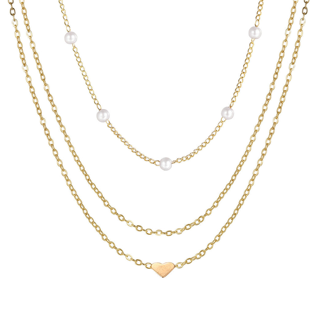 Retro Heart-Shaped Pearl Gold Necklace 3-Piece Set