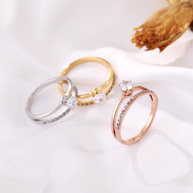 Korean-style Geometric Design Elegant Double-layer Zircon Ring