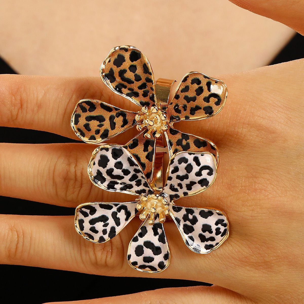 Leopard-print Flower Open Ring Vintage And Adjustable