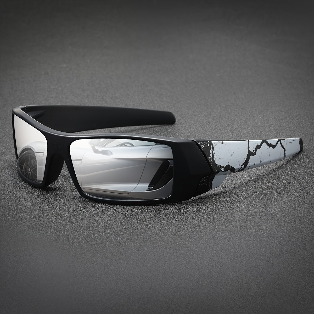 Wraparound Rectangular Sunglasses, Red Mirrored Lens Eyewear, Crack Printed Temple Suitable For Cycling, Fishing, Beach Travel And Daily Outdoor Activities.