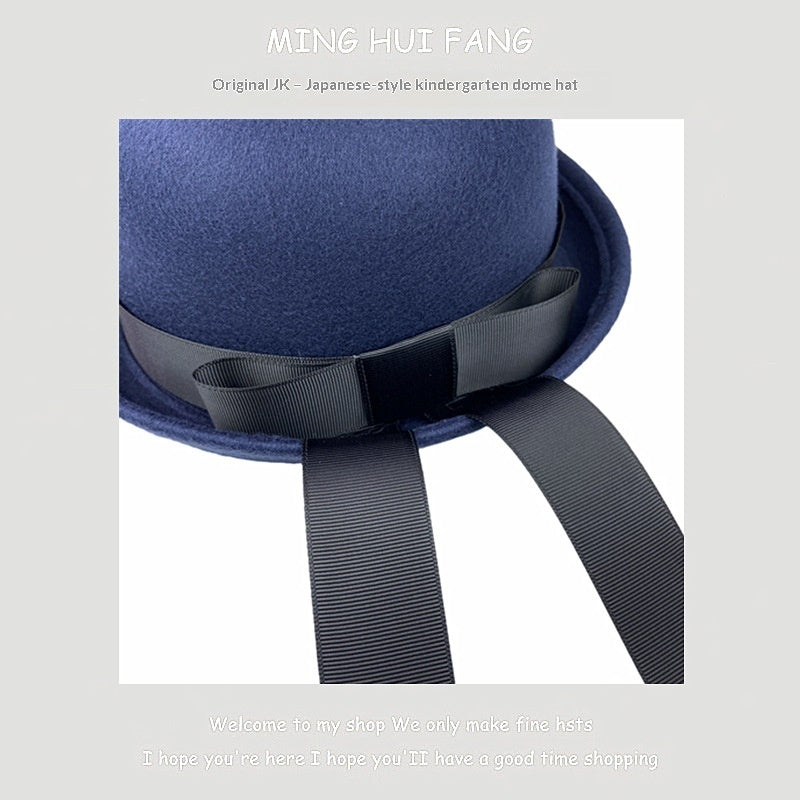 Woolen Preppy-style Hat With A Bow And Ribbon