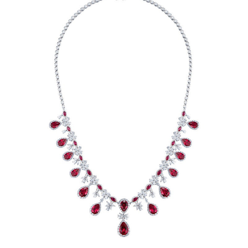 Luxurious French-style Pigeon-blood Ruby Necklace For Women, Featuring High-end Diamond Embellishments And A Long, Elegant Design