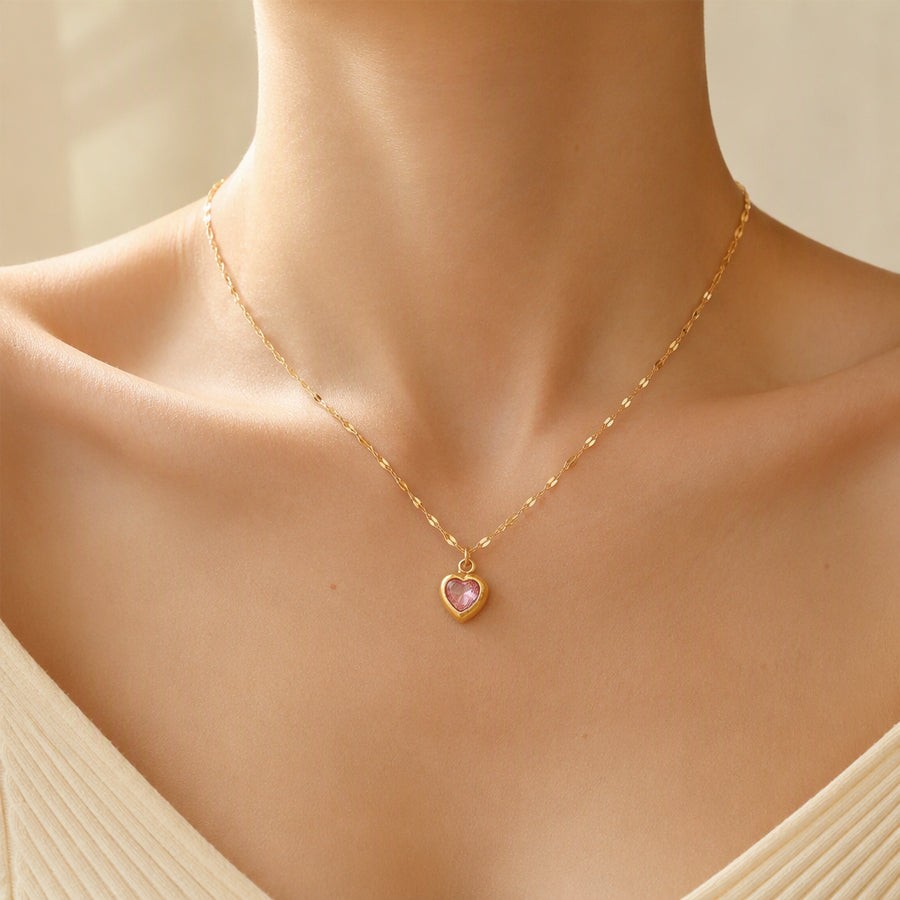Gold Plated Stainless Steel Heart Zircon Pendant Necklace For Women, Dainty Lip Chain Colorful Heart Crystal Choker, Minimalist Love Jewelry Gift