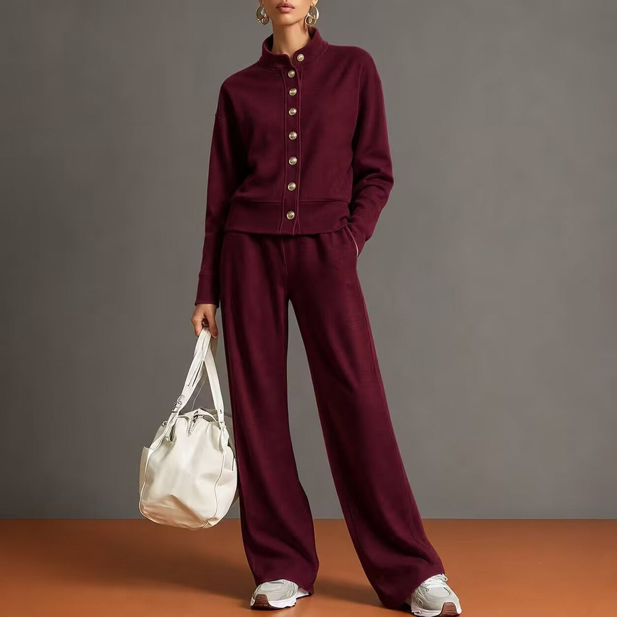 Women's Stand-Collar Button Cardigan & Wide-Leg Pants Set