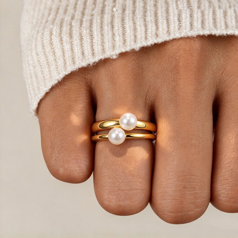18K Gold Plated Titanium Steel Double Layer Open Ring For Women, Minimalist Luxury  Pearl Stackable Stainless Steel Finger Ring Jewelry
