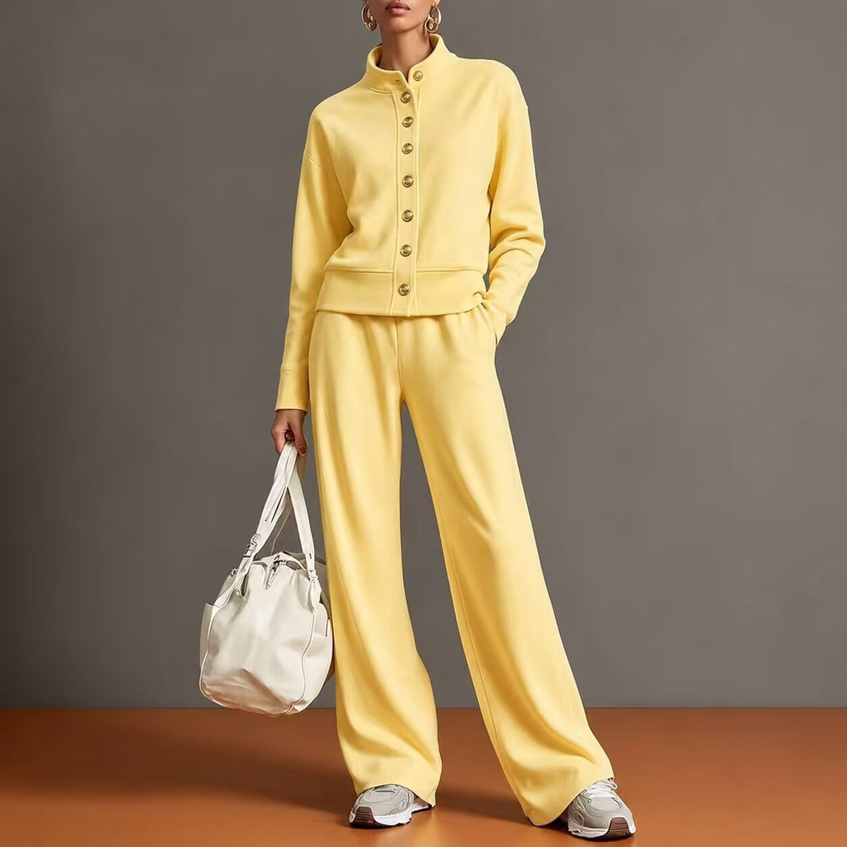 Women's Stand-Collar Button Cardigan & Wide-Leg Pants Set