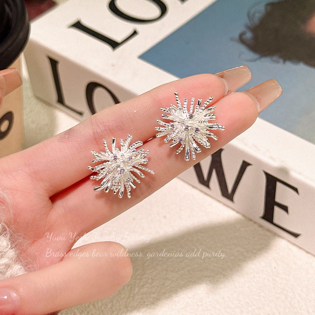 Korean-Style Versatile Zircon Fireworks Dandelion Earrings For Women, Personalized Floral Elegant 925 Silver Needle Earrings