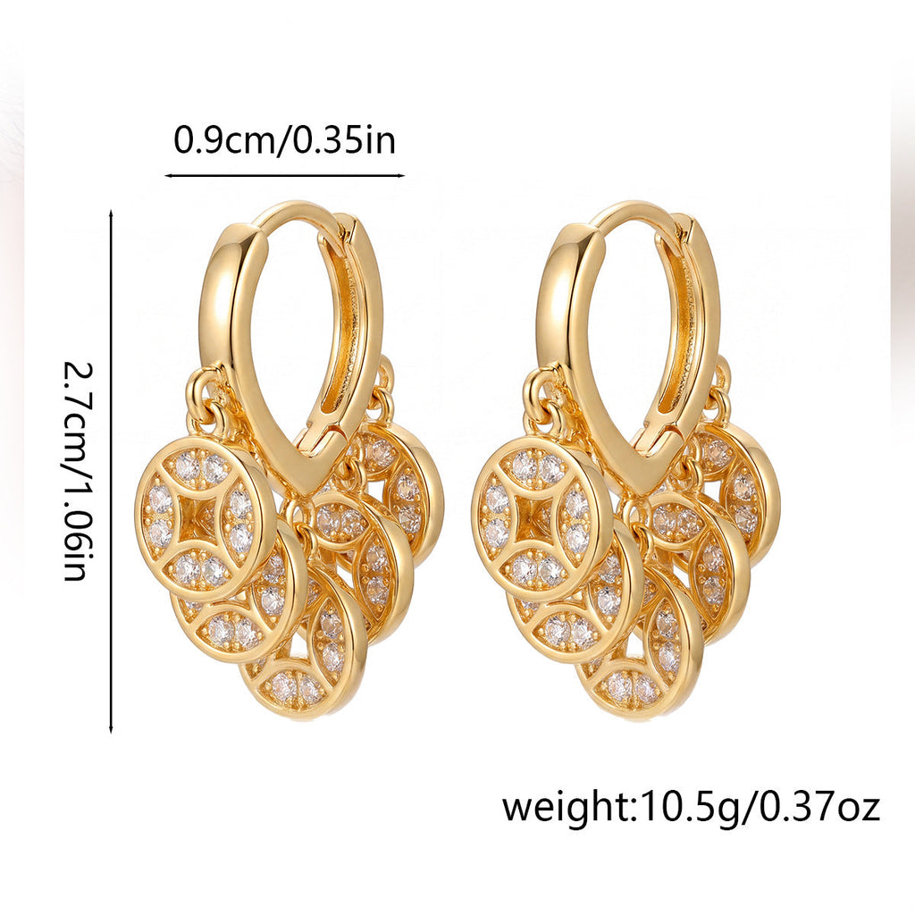 Golden Five Emperors Coin Earrings With Diamonds, Super Sparkling, Chinese Style Retro Wealth-Attracting Coin Earrings, Unique High-End Earrings