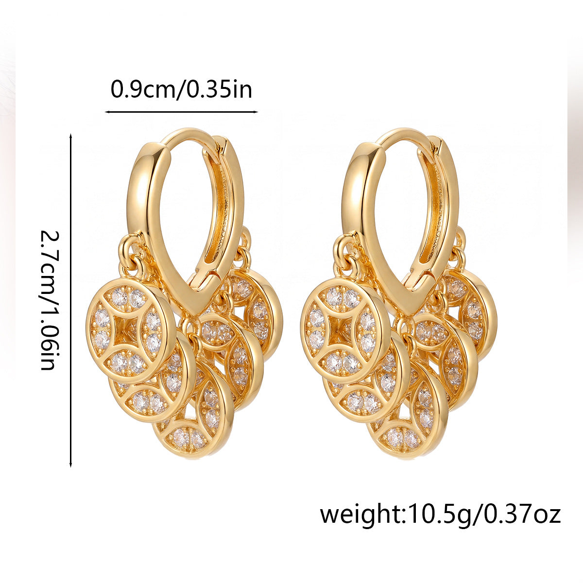 Golden Five Emperors Coin Earrings With Diamonds, Super Sparkling, Chinese Style Retro Wealth-Attracting Coin Earrings, Unique High-End Earrings