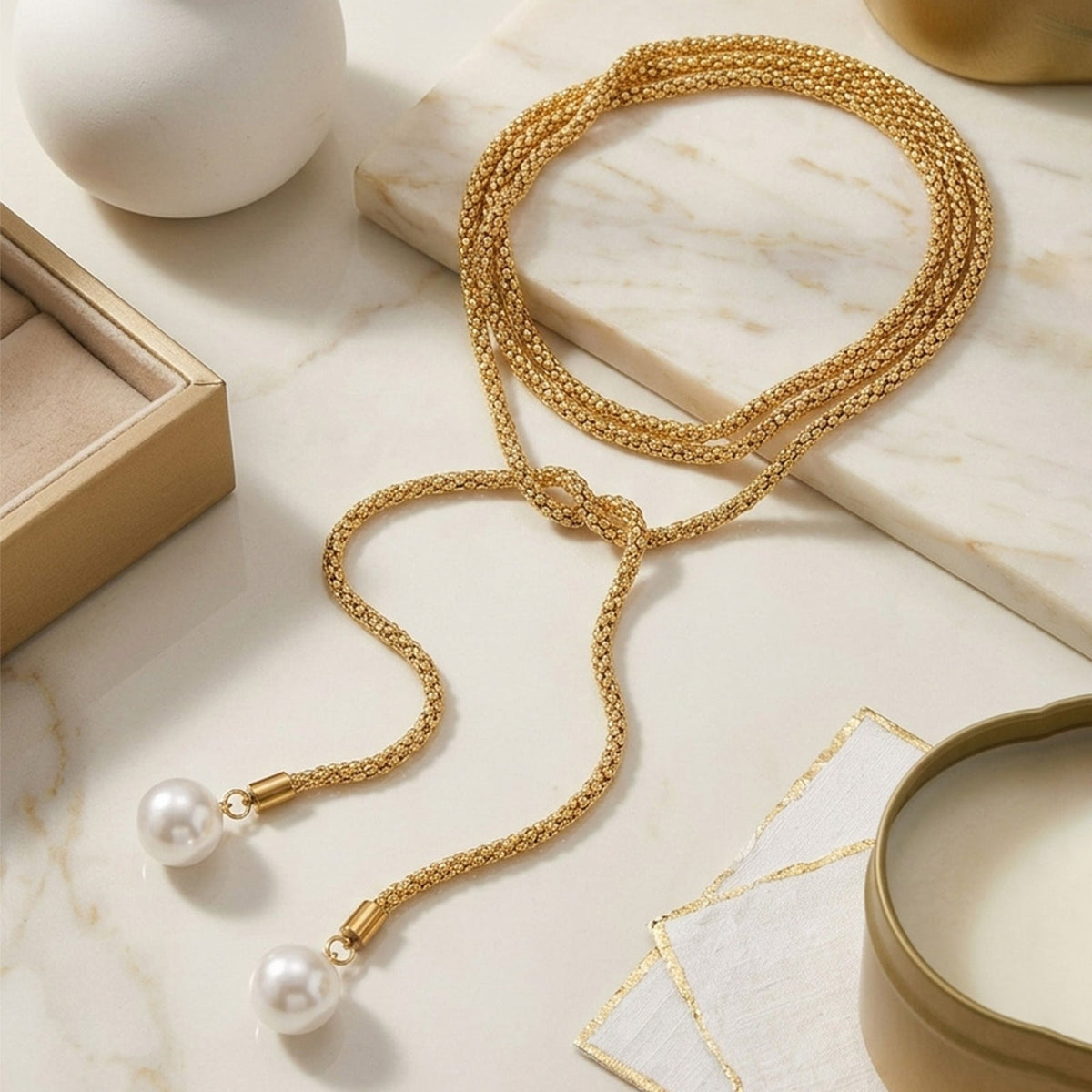 European And American Cross-Border Jewelry, Imitation Pearl Pendant Long Necklace, Multi-Layer Winding Design, Stainless Steel Thick Chain Women's Necklace