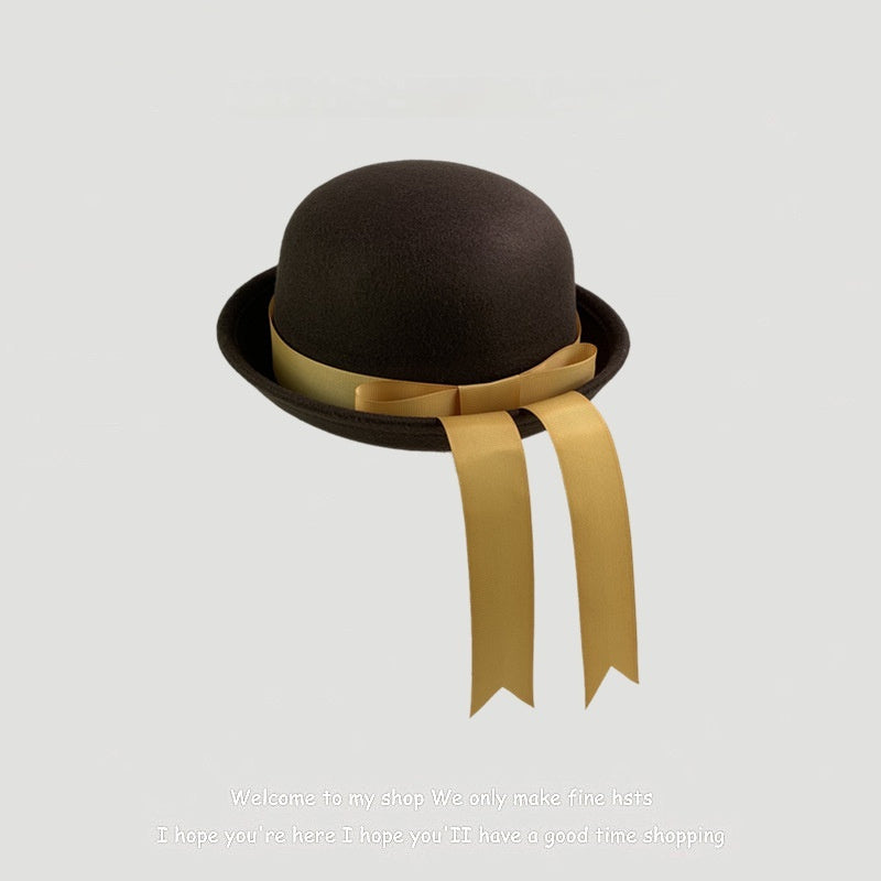 Woolen Preppy-style Hat With A Bow And Ribbon