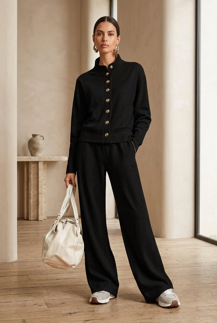 Women's Stand-Collar Button Cardigan & Wide-Leg Pants Set