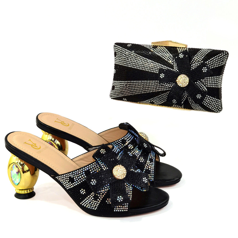 Evening Clutch Bag With Thick Heels And High Heeled Sandals