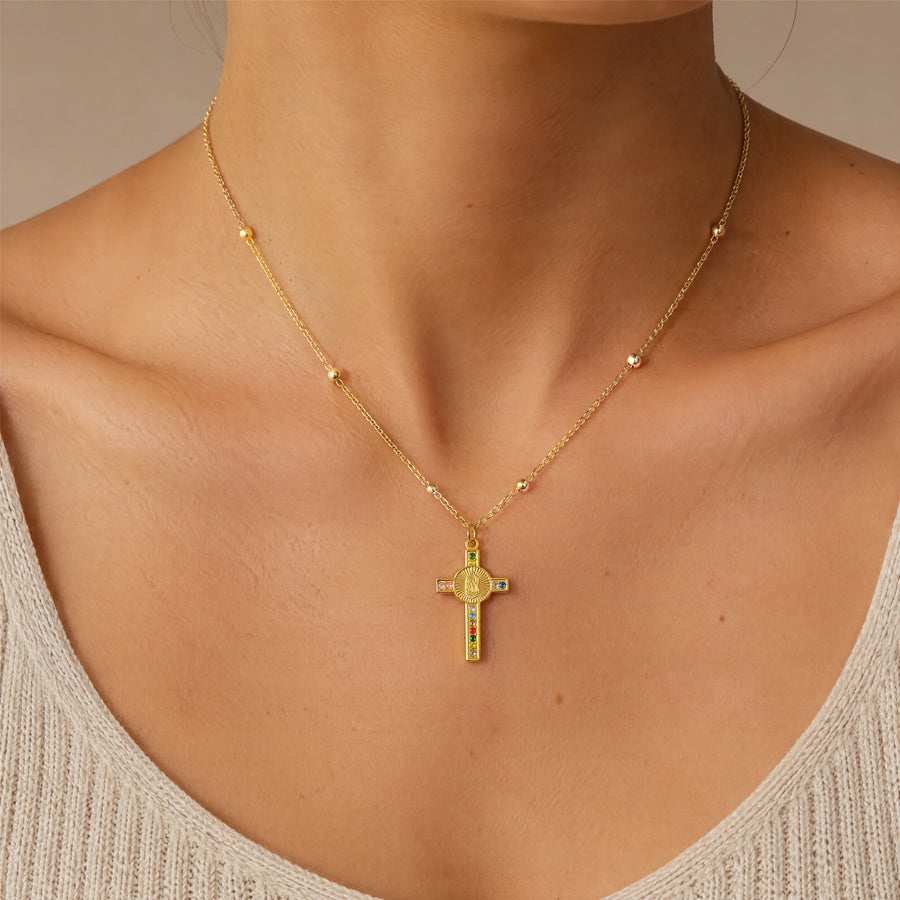 18K Gold Plated Stainless Steel Virgin Mary Cross Pendant Necklace For Women, Colorful Rhinestone Beaded Chain Religious Faith Necklace, Christian Jewelry Gift
