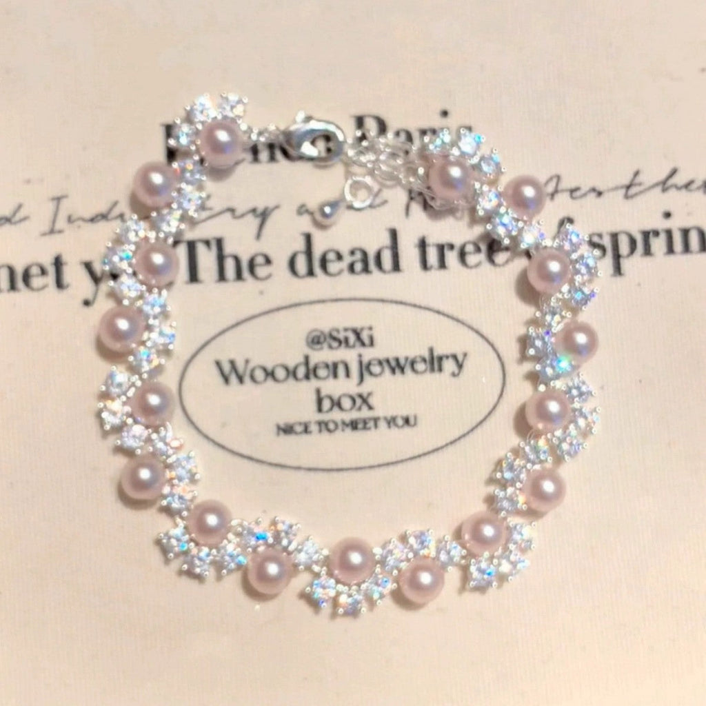 Women's French-Inspired Sparkling Rhinestone Pearl Bracelet Affordable Luxury Cubic Zirconia Beaded Bracelet, Exquisite Jewelry