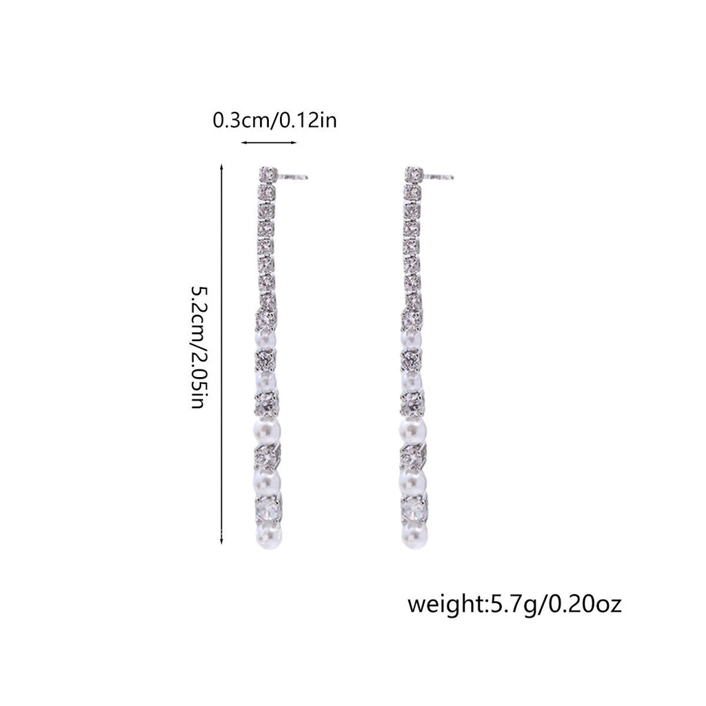Light Luxury, Simple, Full Diamond And Pearl Long Tassel Earrings, Personalized, Exquisite And Unique Design, Slimming Look Earrings For Women