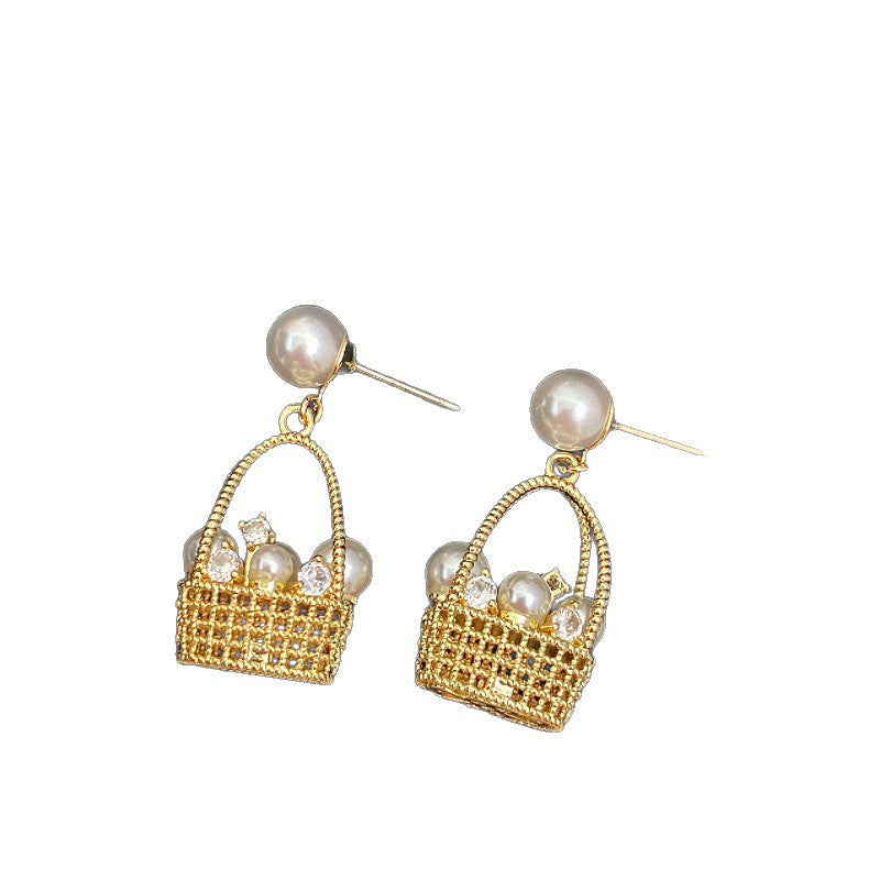 French-Style Pearl Hollow Woven Flower Basket Zircon Hoop Earrings With Copper Plated Real Gold, Exquisite Light Luxury Design Earrings For Women