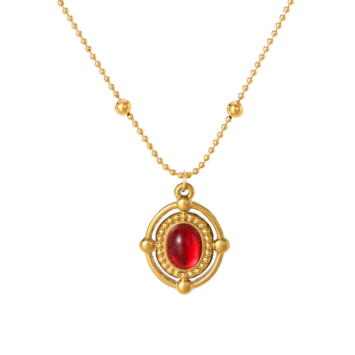 Gold Plated Stainless Steel Vintage Oval Gemstone Pendant Necklace For Women, Beaded Ball Chain Multi-color Stone Boho Statement Necklace Jewelry Gift