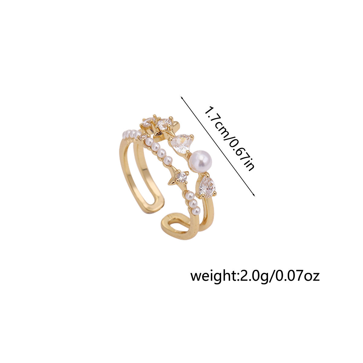 Japanese And Korean Fashion Simple Design Diamond-Encrusted Pearl Double-Layer Open Ring Personalized Accessible Luxury Versatile Index Finger Ring Accessories