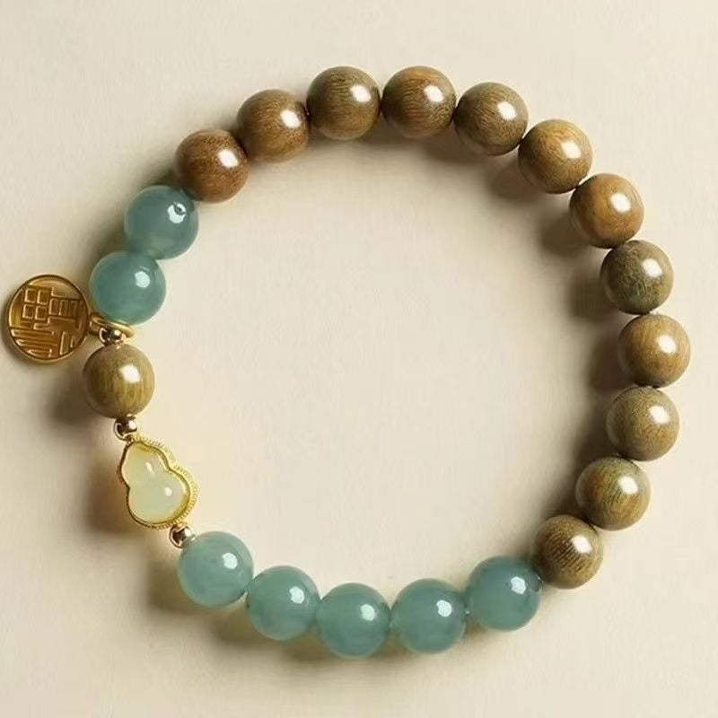Natural Green Sandalwood  Blue Water Jade Bracelet Fu Gourd Pendant Beaded Chain Unisex Zen Jewelry