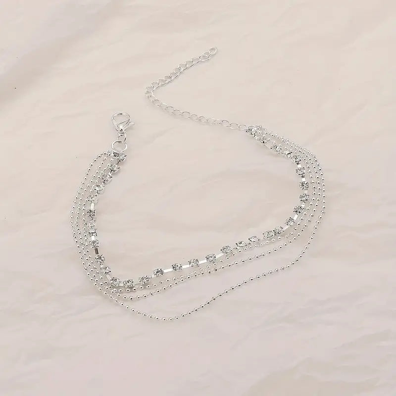 2026 Summer New Style Simple Multi-Layered Crystal Zircon Geometric Anklet Fashionable Beach Vacation Style Foot Jewelry