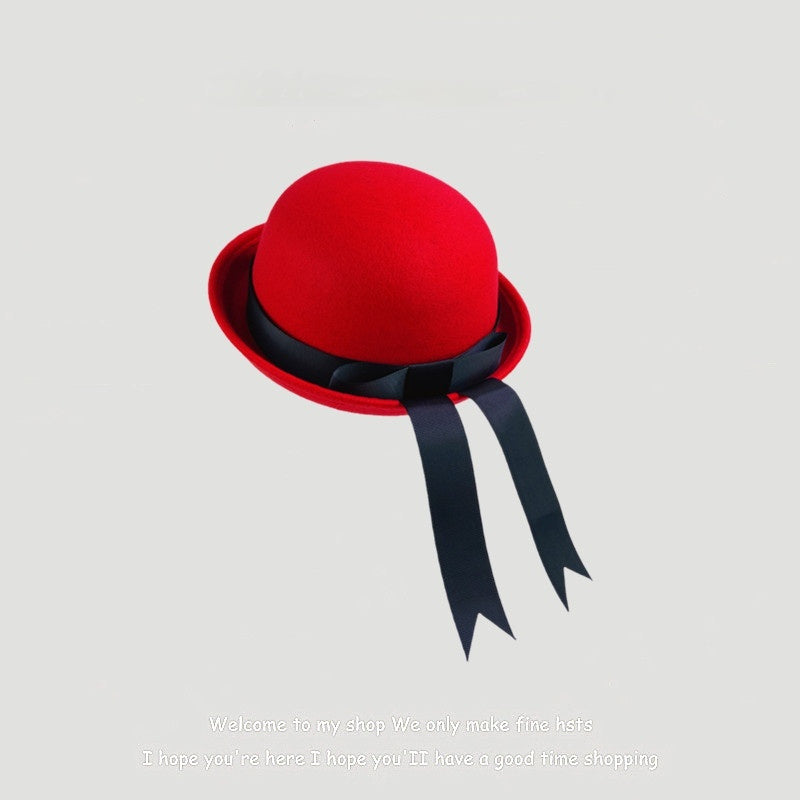 Woolen Preppy-style Hat With A Bow And Ribbon