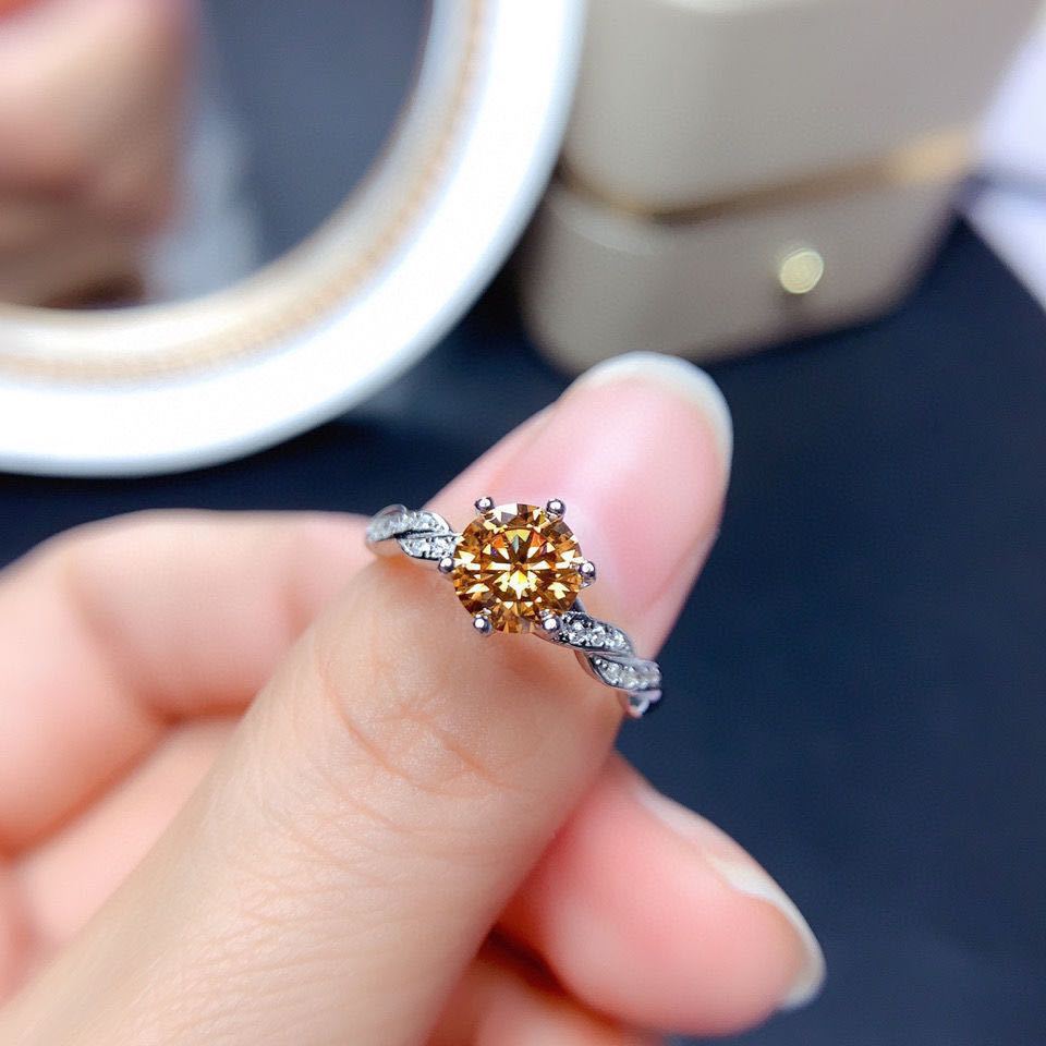 Women 8 Hearts 8 Arrows Champagne Moissanite Open Ring, Full Pave Iced Out Adjustable Simulated Diamond Ring