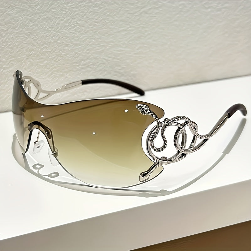 Women Rimless One Piece Shield Sunglasses Uv400 Protective Gradient Lens Eyewear Luxury Metal Snake Ornament Design Lightweight Frame Suitable For Beach Travel Parties And Daily Fashion Outfit Matchin