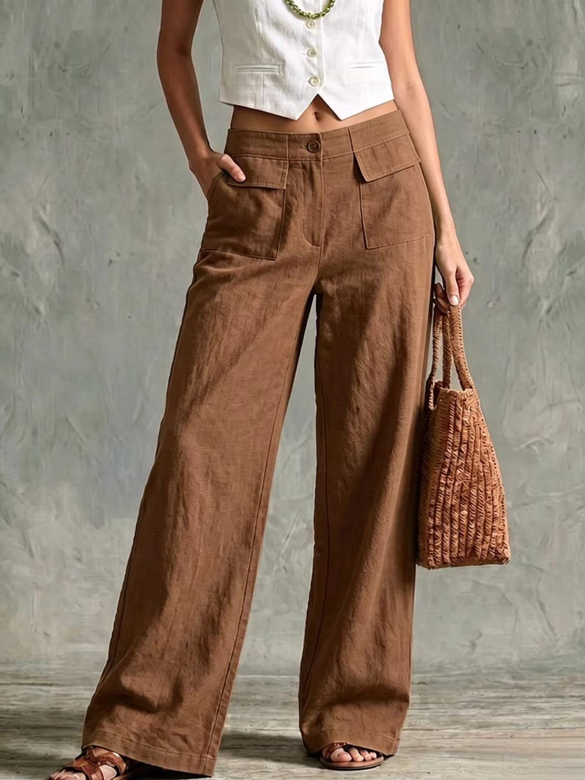 Women's Solid Color Loose Fit Casual Pants - Elastic Waist Trousers for Daily Wear