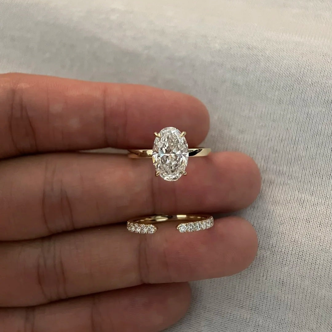 French Vintage Radiant Cut High Carbon Diamond Pigeon Egg Ring, Light Luxury Ice Flower Cut Stackable Ring Set, Women Engagement Finger Band