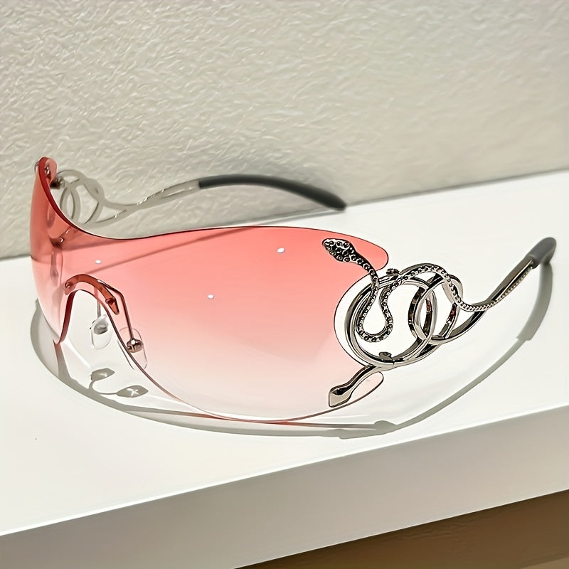 Women Rimless One Piece Shield Sunglasses Uv400 Protective Gradient Lens Eyewear Luxury Metal Snake Ornament Design Lightweight Frame Suitable For Beach Travel Parties And Daily Fashion Outfit Matchin