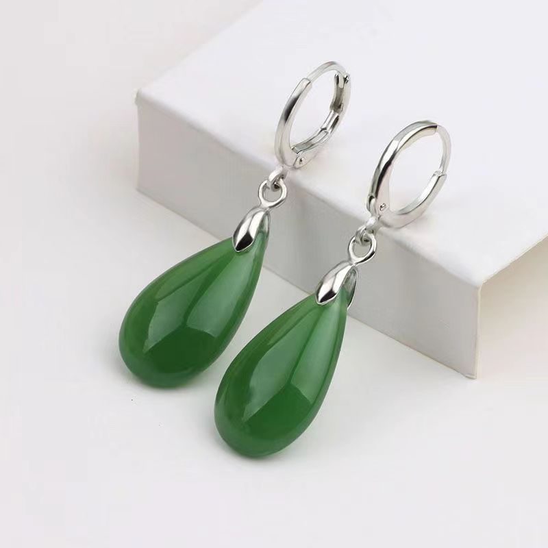 Sterling Silver And White Jade Ear Hooks Fashionable Silver Earrings