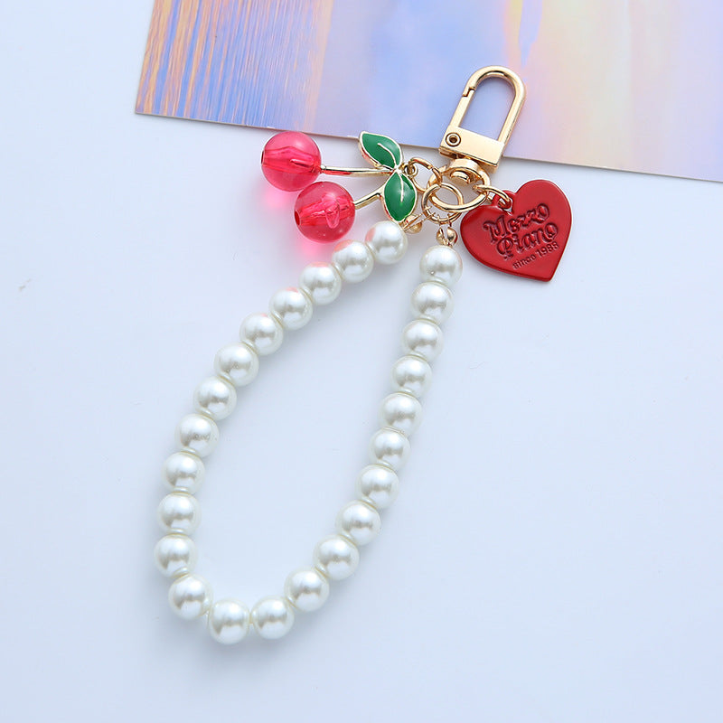 Woven Plaid Bow Strawberry Cherry Pearl Chain Keychain - Cute AirPods Case Pendant Bag Charm Accessory