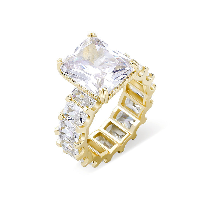 Amazon Cross-Border Women's Square Diamond Ring, Real Gold Electroplated, Full Zircon, Simple Ring, Light Luxury Fashion Ring