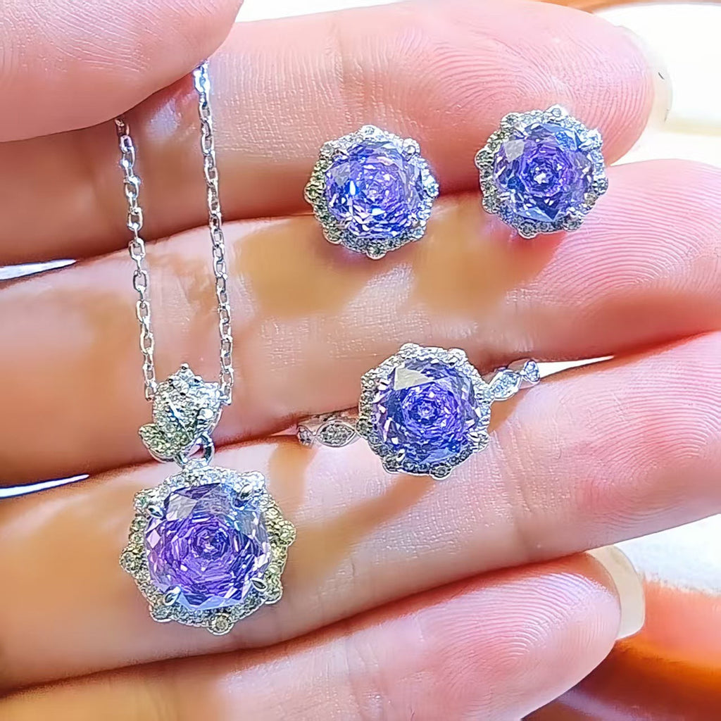 Violet Millennium Rose Cut Pendant Necklace, Gemstone Three-Piece Set, Rose Flower Ring, High Carbon Diamond Flower Earrings For Women