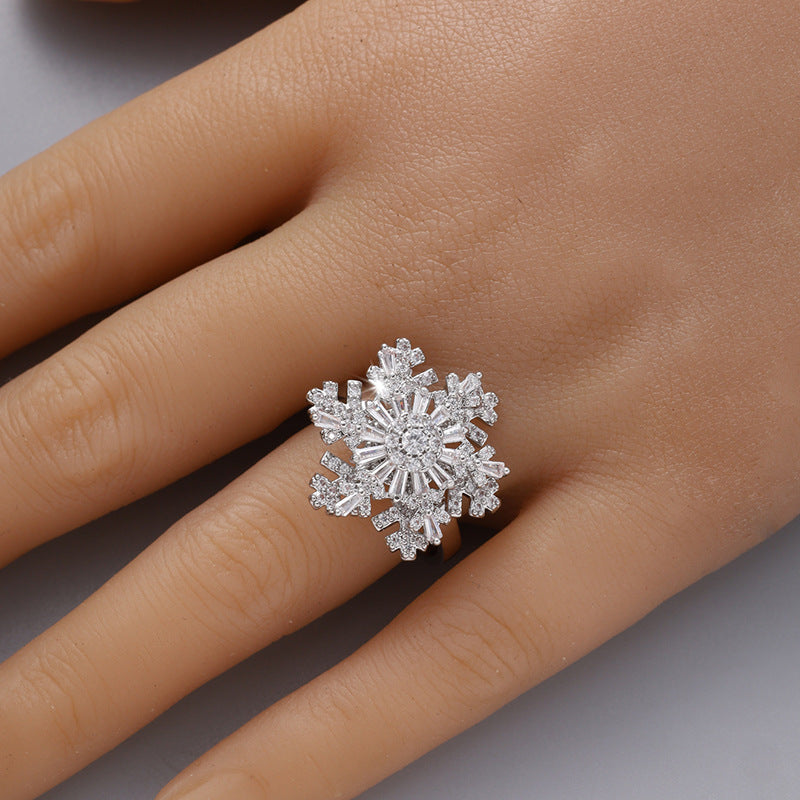 Korean Style Fashion New Snowflake Double-layer Rotatable Open Ring Female Ins Style Texture Adjustable Ring Fashion