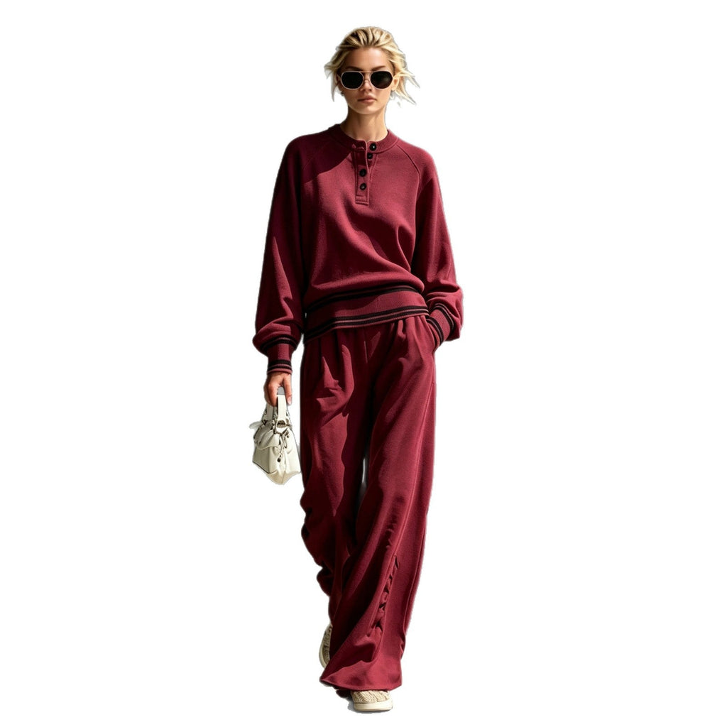 Women's Striped-Trim Henley Top & Wide-Leg Pants Set