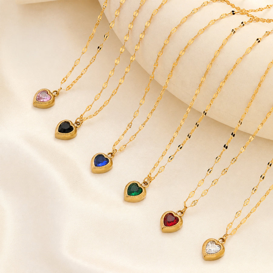 Gold Plated Stainless Steel Heart Zircon Pendant Necklace For Women, Dainty Lip Chain Colorful Heart Crystal Choker, Minimalist Love Jewelry Gift