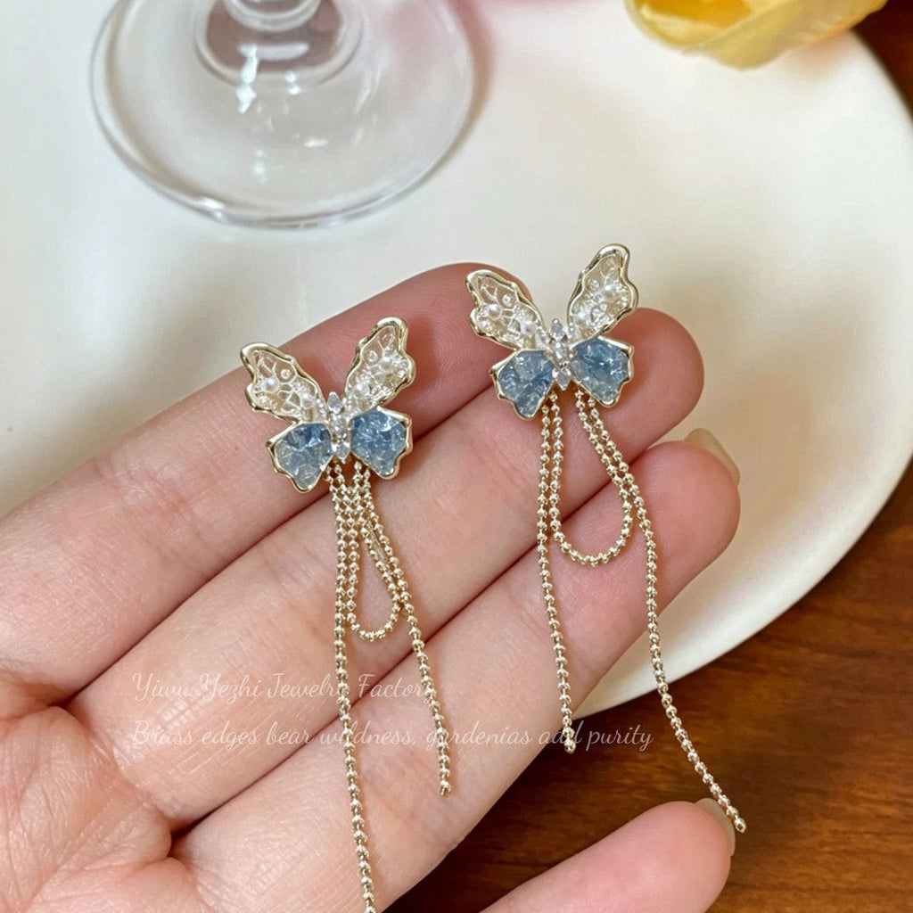 Korean-Style Zircon Hollow Butterfly Tassel Earrings, Light Luxury And High-End Earrings, Exquisite And Sweet Ice-Crystal Ear Accessories